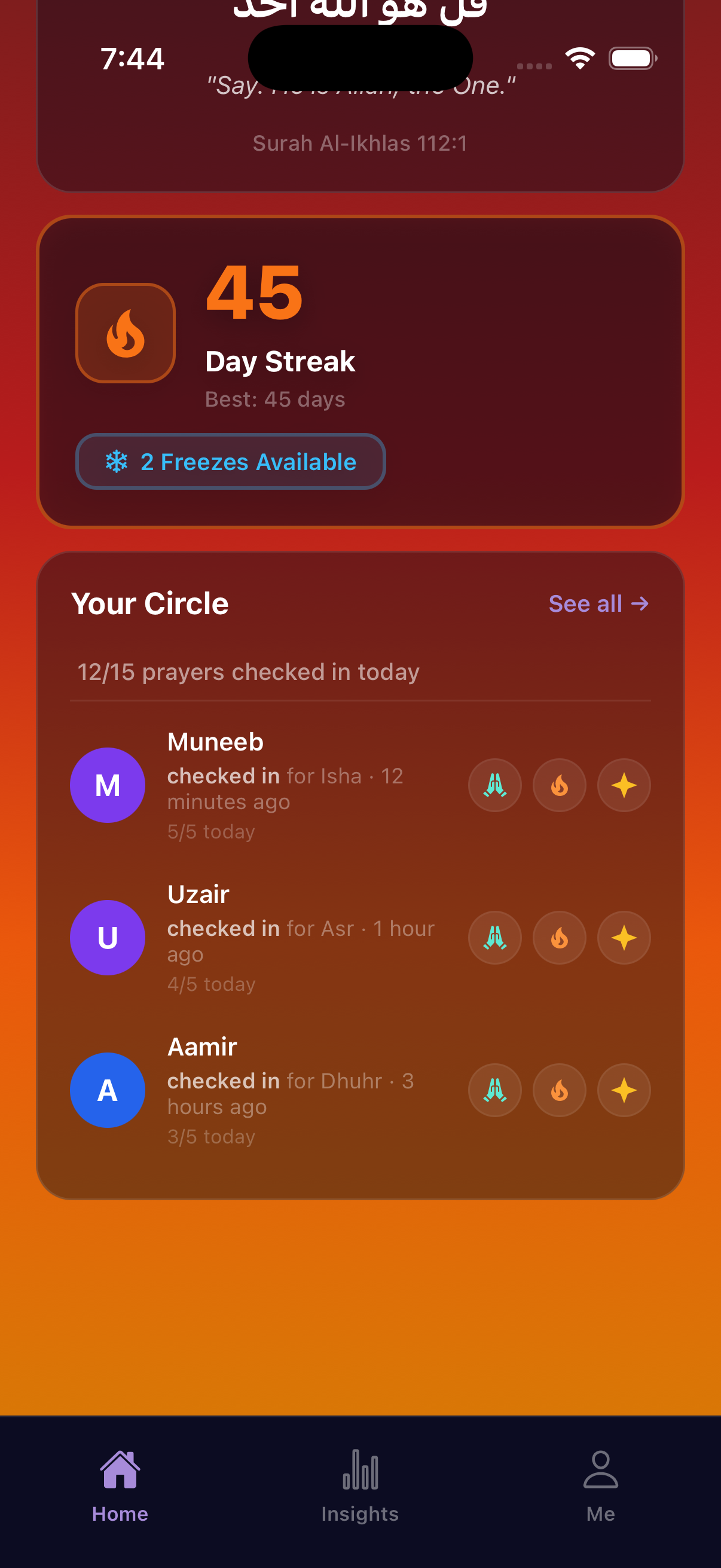 Zuhud friends screen showing accountability circle with live prayer check-ins